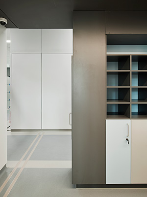 Office view into the corridor in the new Pharmacy & Aseptic Compounding Facilities at St. Vincent’s Hospital